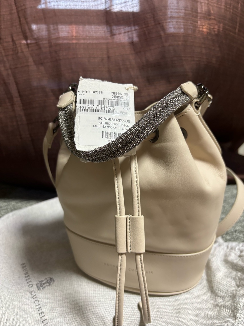 Brunello Cucinelli Beige Leather Drawstring Bucket Bag with Beaded Handle